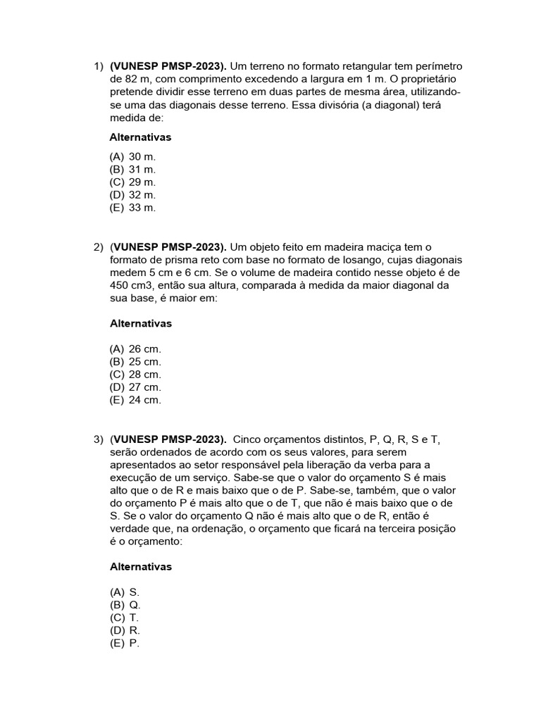 Questões - VUNESP PMSP 02-2023 | PDF
