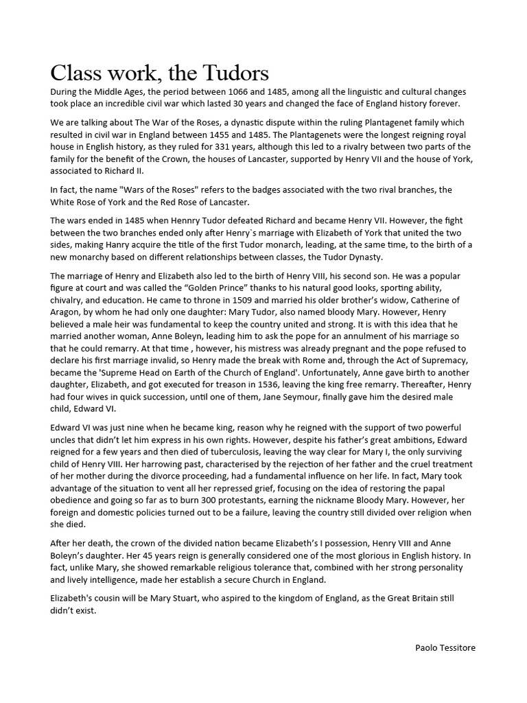 The Tudors Classwork | PDF | House Of Tudor | Wars Of The Roses
