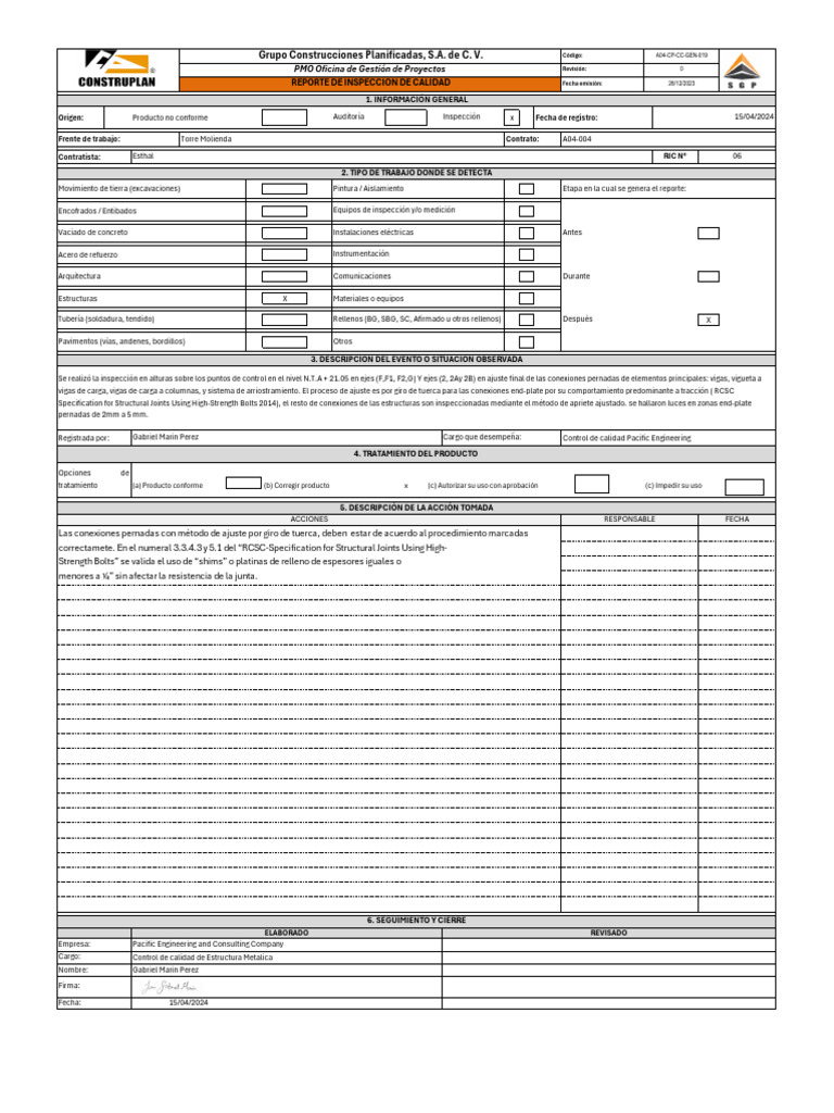 A04-CP-CC-GEN-019_Reporte 06 Inspección Calidad_Rev.2024 | PDF