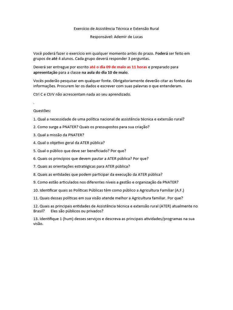 Exercício sobre Assistência Técnica Rural | PDF