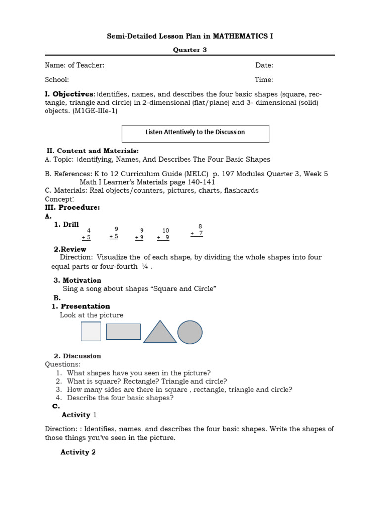 MATH Lesson Plan Q3 Week 7 | PDF | Shape | Mathematics