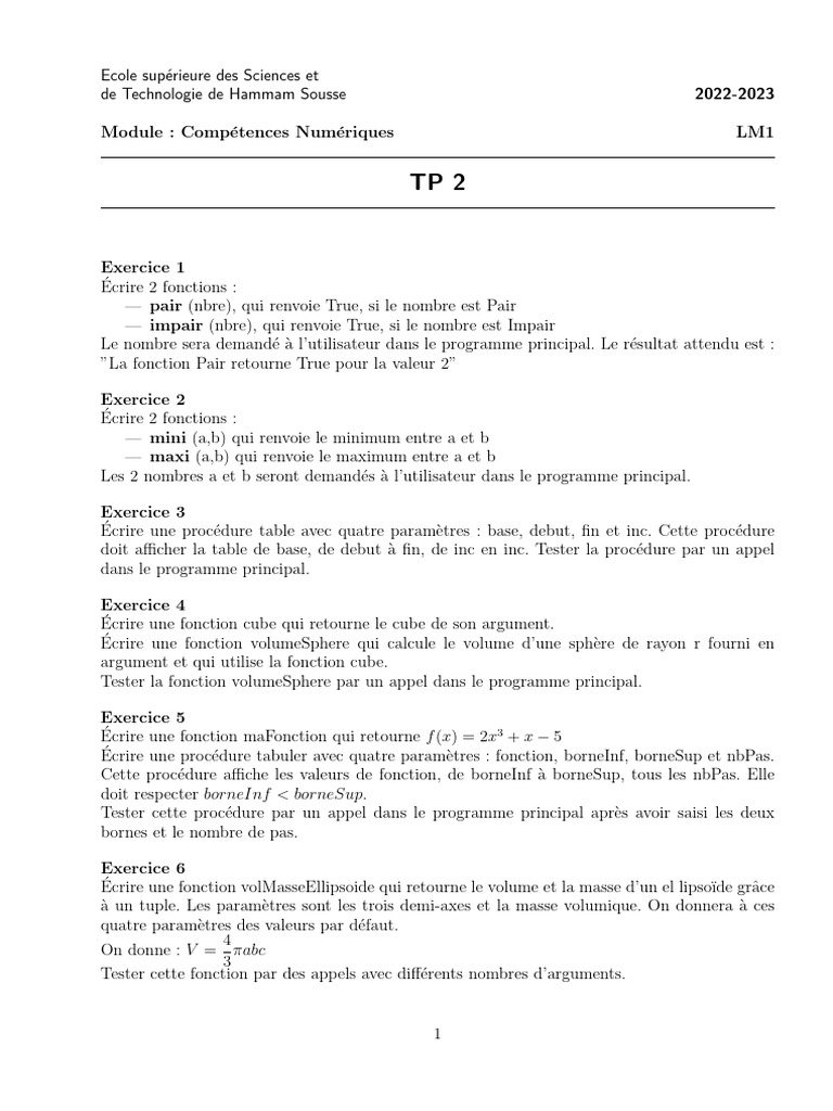 Exercices de Programmation Numérique 2023 | PDF
