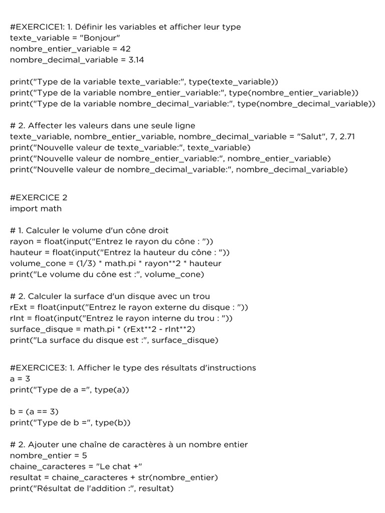 Exercices Python : Variables et Fonctions | PDF | Informatique ...