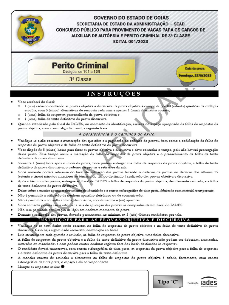 Instruções para Prova de Perito Criminal | PDF | Poder Policial (Lei ...