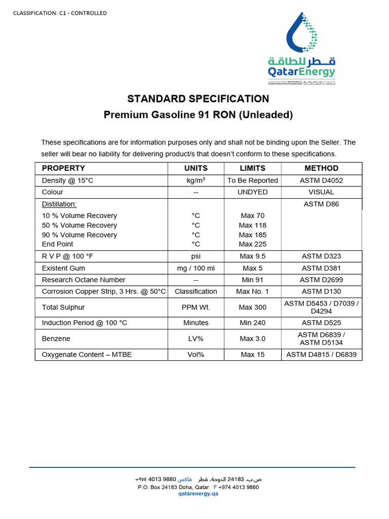 Premium Gasoline 91 RON Specifications | PDF | Gasoline | Chemical ...