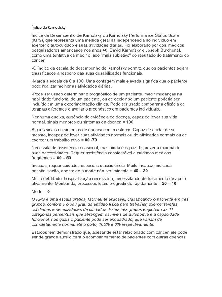 Índice de Karnofsky e Escala de Glasgow | PDF | Prognóstico | Medicina ...
