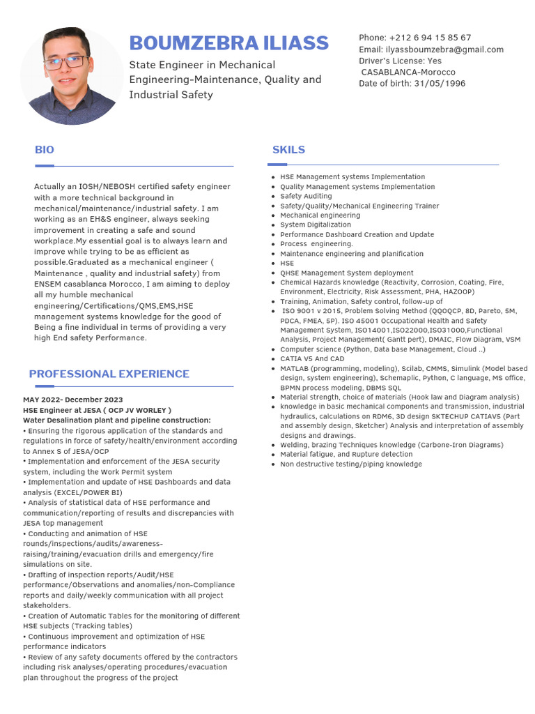 HSE Engineer CV: Skills & Experience | PDF | Occupational Safety And ...