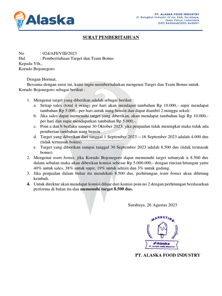 Pemberitahuan Target dan Bonus Tim | PDF