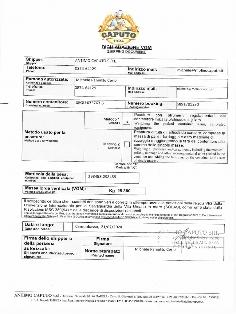 Vgm caputo cert pdf