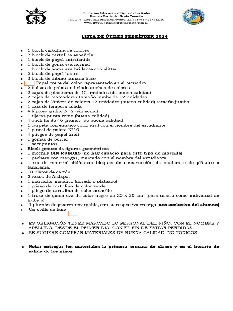 Lista de Útiles Escolares 2024 | PDF | Lápiz | Materiales de ...