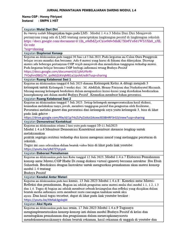 Jurnal Pemantauan Pembelajaran Daring Modul 1.4 | PDF | Karier ...