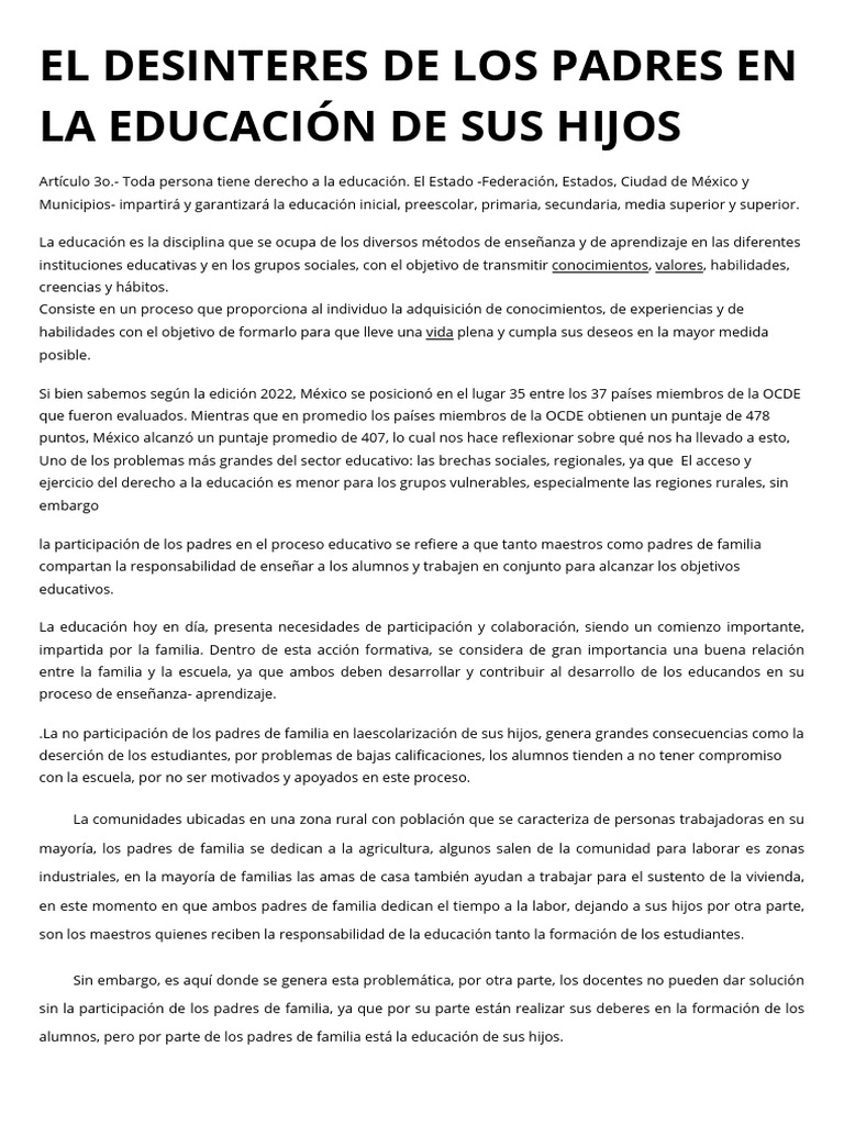 El Desinteres de Los Padres en La Educación de Sus Hijos | PDF ...
