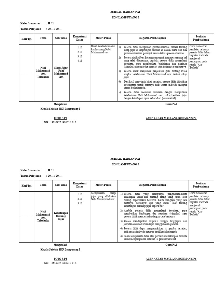 Jurnal Harian PAI SD Kelas II Semester 2 | PDF