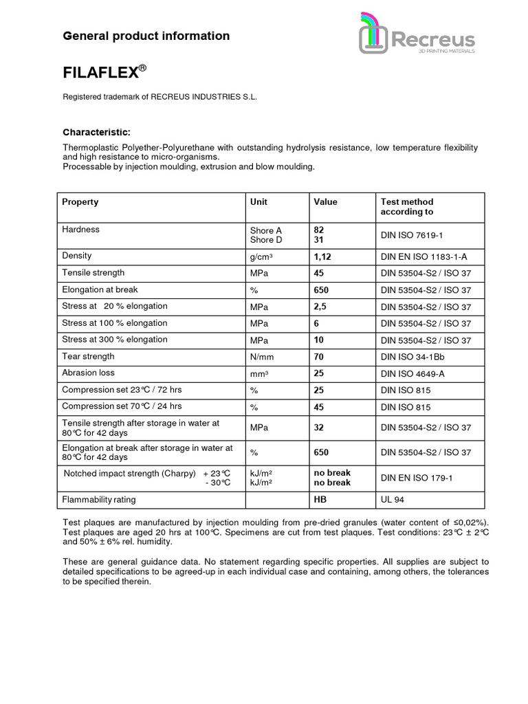 Filaflex Technical Data Sheet | PDF | Polyurethane | Thermoplastic