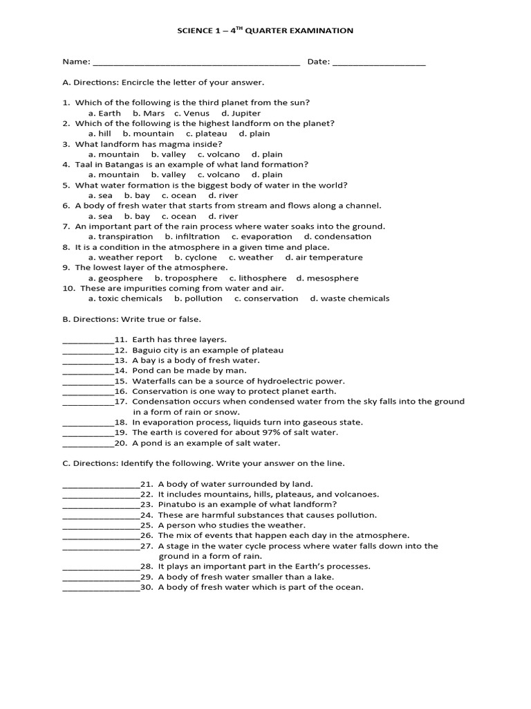 Grade 1 Science 4th Quarter Exam | PDF | Water | Atmosphere Of Earth