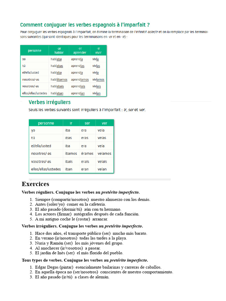 Ejercicios de conjugación en imperfecto | PDF