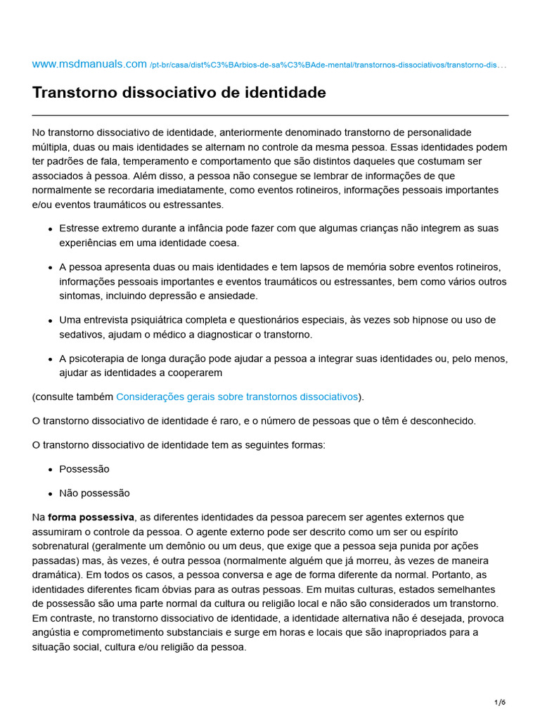 Transtorno Dissociativo de Identidade: Sintomas e Causas | PDF ...