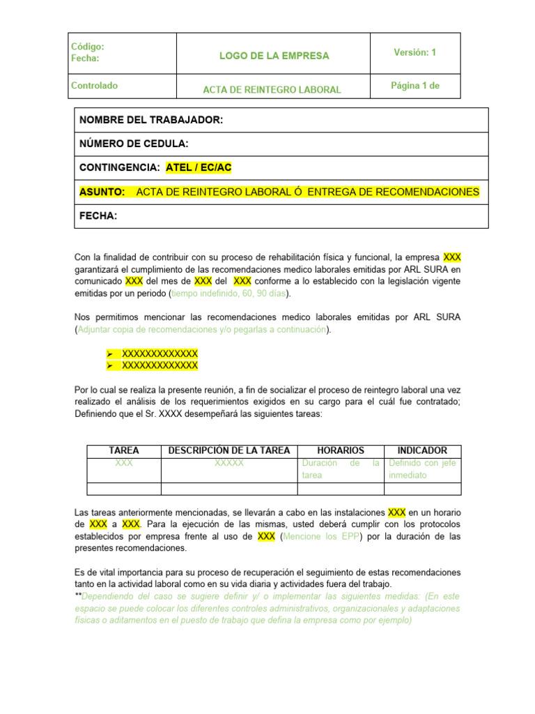 Acta de Reintegro Laboral SURA | PDF