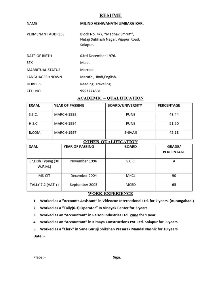 Milind Umbargikar Resume Overview | PDF