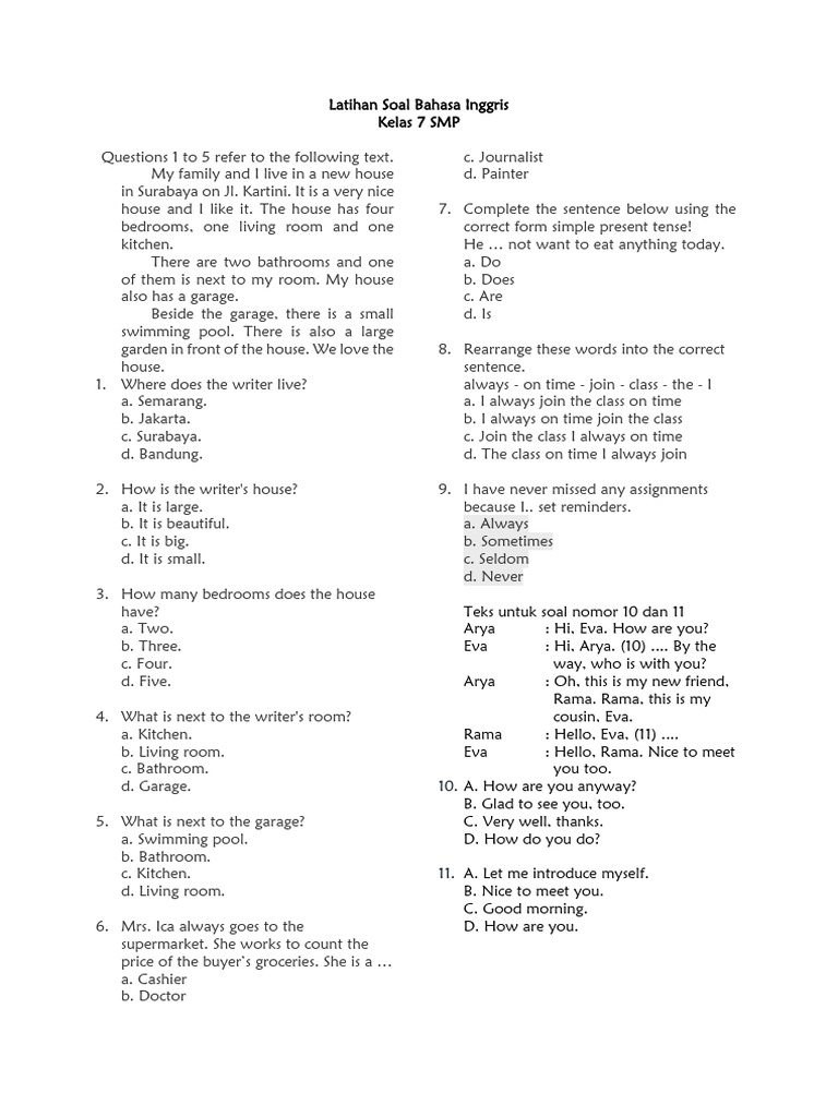 Latihan Soal Bahasa Inggris Kelas 7 SMP Semester2 - Siswa | PDF | Room ...