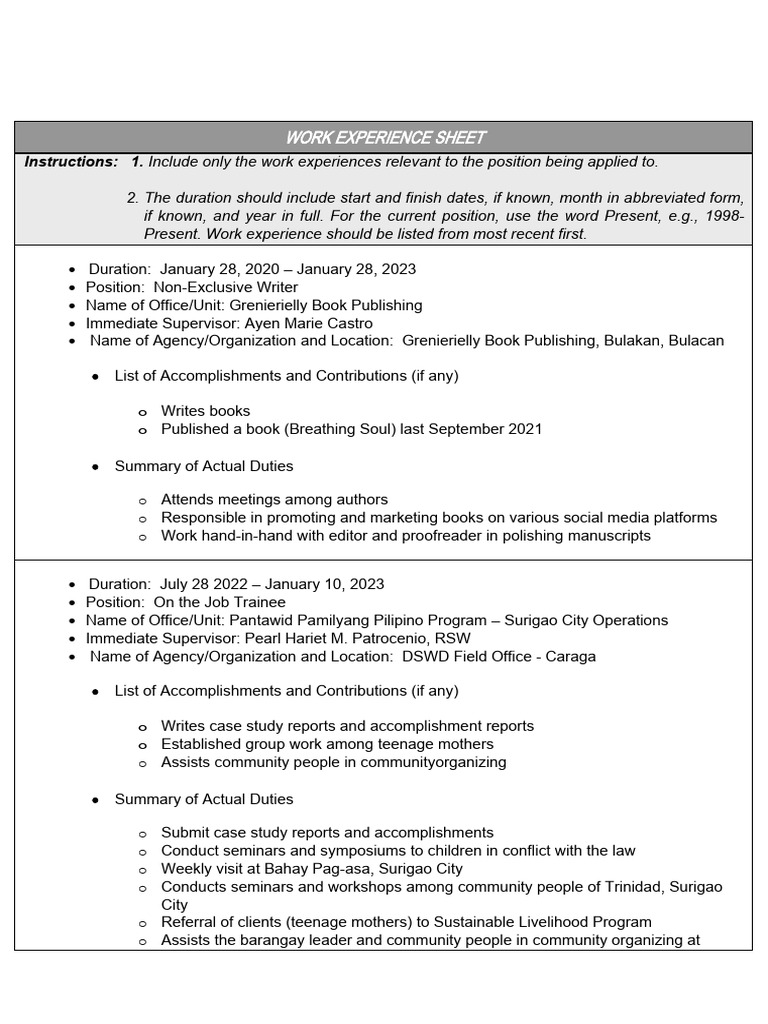 Work Experience Sheet | PDF | Mass Media