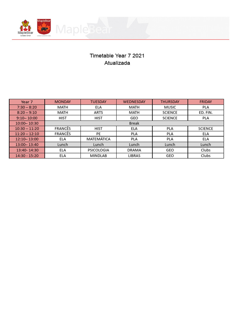 Letter+Year+7+ +Timetable+2021+Atualizada | PDF