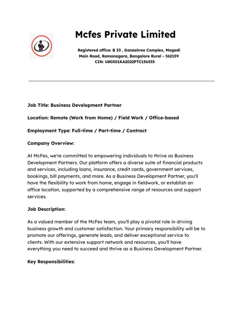 Mcfes Private Limited Job Description | PDF | Marketing | Business