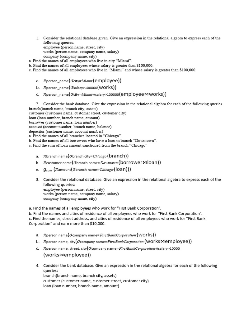 Relational Algebra Queries for Databases | PDF | Relational Model | Loans