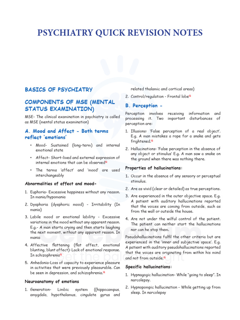Psychiatry Revision Notes Overview | PDF | Schizophrenia | Hallucination