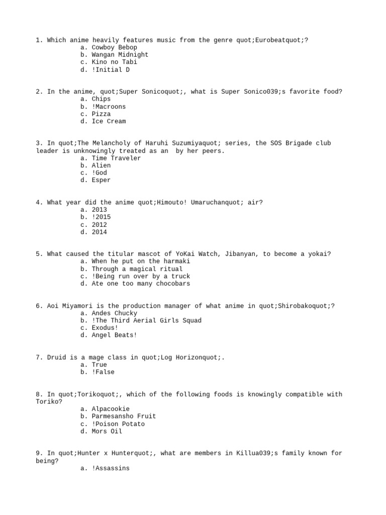 Anime and Trivia Quiz Questions | PDF | William Shakespeare | Felidae