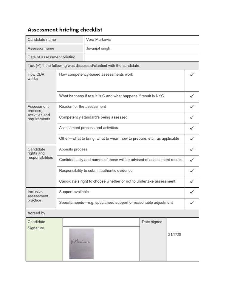 Competency Assessment Briefing Checklist | PDF