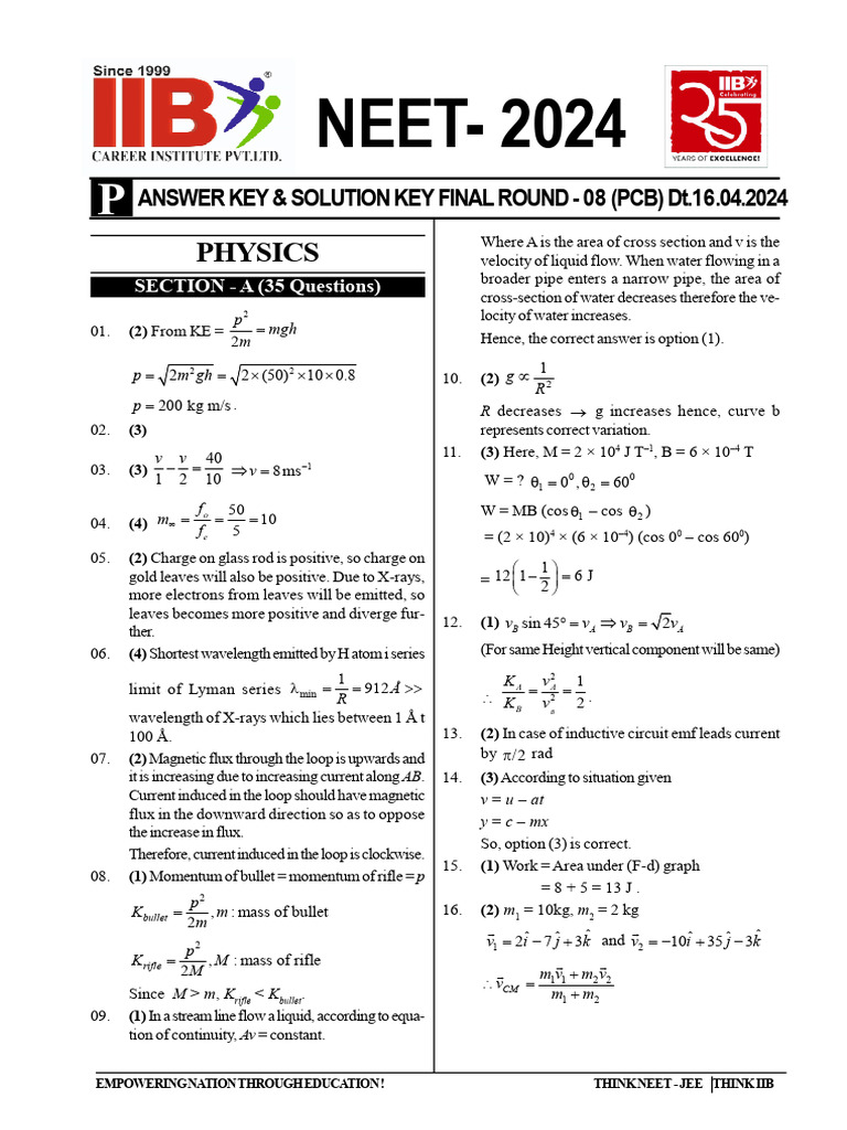 NEET 2024 Physics Answer Key | PDF | Ion | Chlorine
