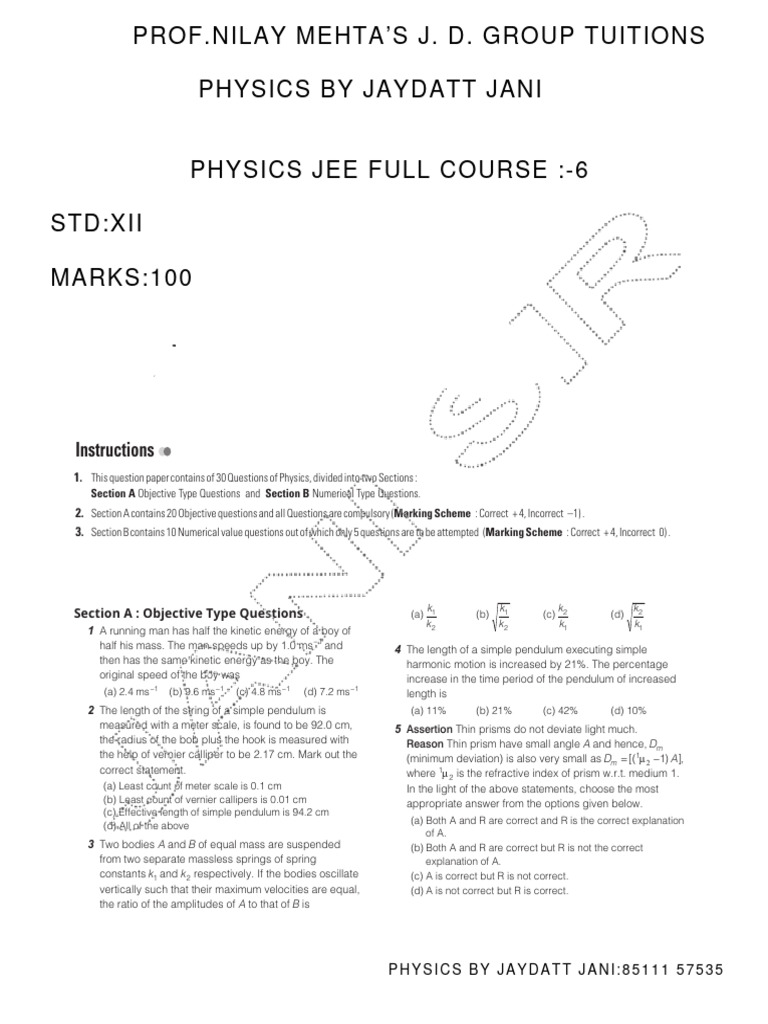 JEE Physics Mock Test Questions | PDF | Rocket | Electronvolt