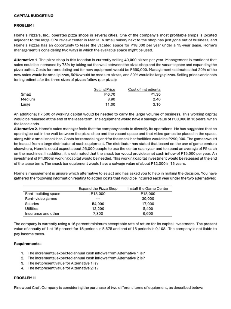 Capital Budgeting Analysis for Home's Pizza | PDF | Depreciation ...