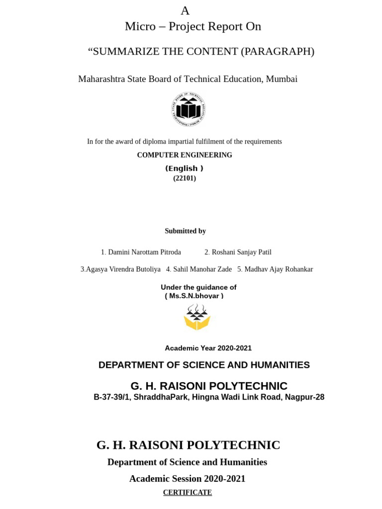 Micro Project on Summarizing Skills | PDF | Aurora
