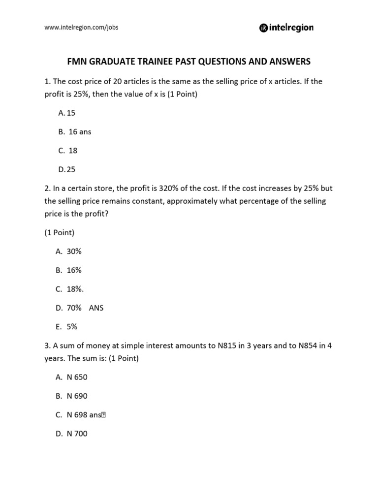 FMN Graduate Trainee Test Questions | PDF | Interest | Prices