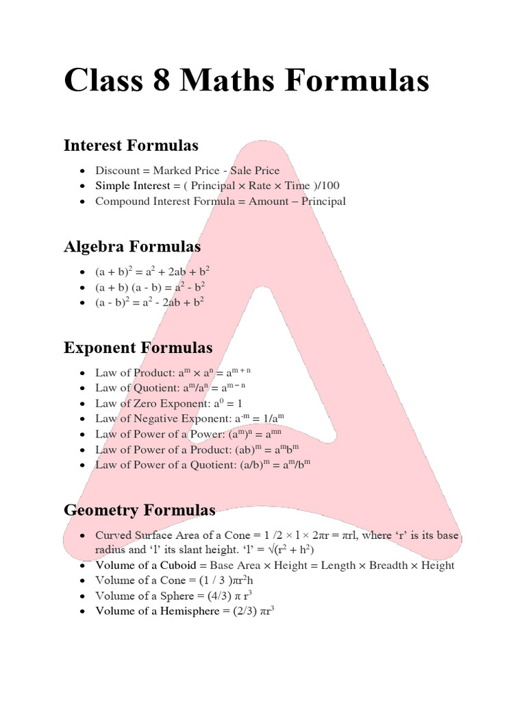 Class 8 Maths Formulas | PDF