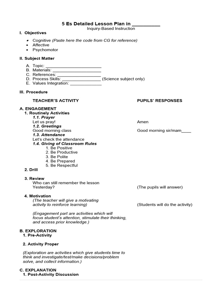 5 Es Lesson Plan Framework | PDF | Thought | Teachers