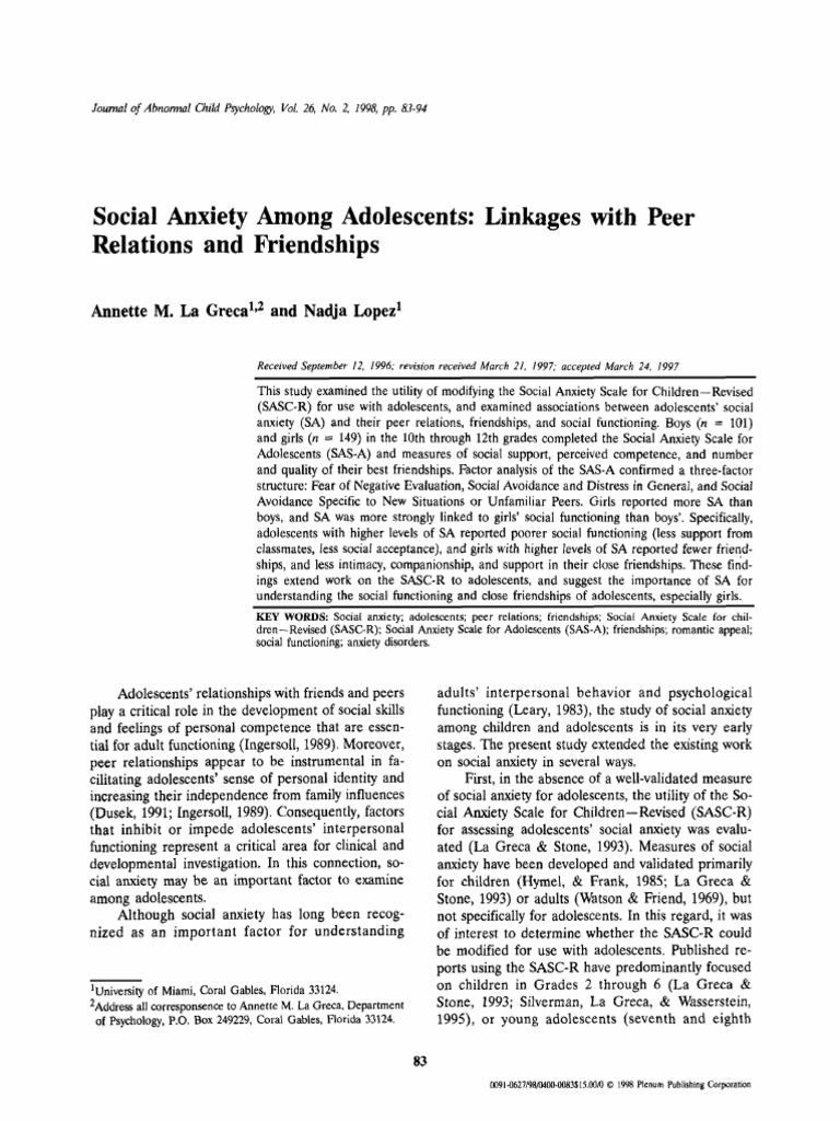 Social Anxiety and Peer Relations in Teens | PDF | Adolescence | Friendship