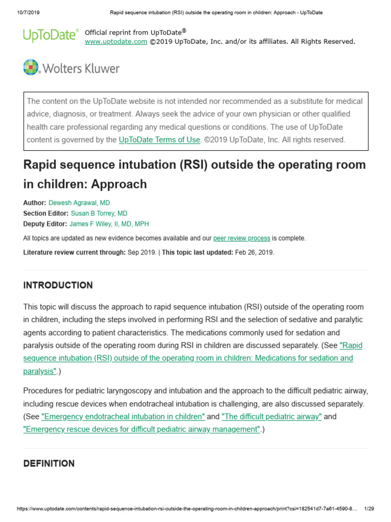Rapid Sequence Intubation Rsi Outside The Operating Room In Children