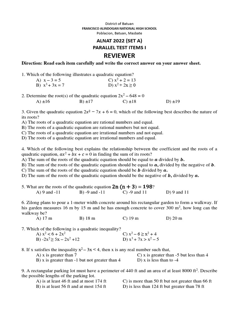 ALNAT 2022 Grade 9 Maths Review | PDF | Quadratic Equation | Equations
