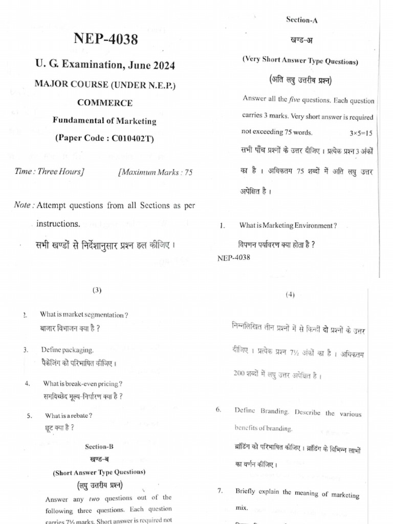 Bcom 4th sem fundamentals of marketing june 2024 pdf