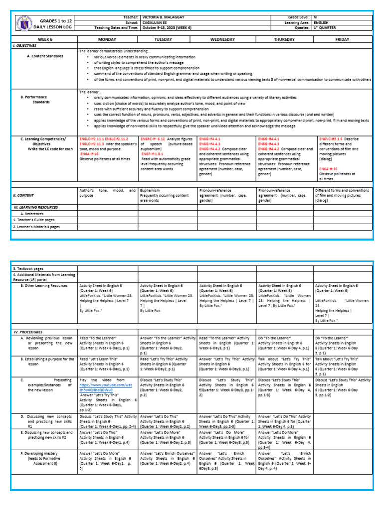 Grade 6 English Lesson Plan Week 6 | PDF | Reading Comprehension ...