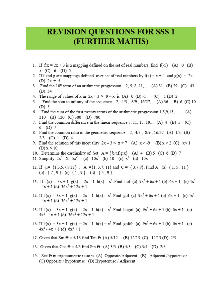 SS1 Further Mathematics Revision Questions | PDF | Mathematics ...