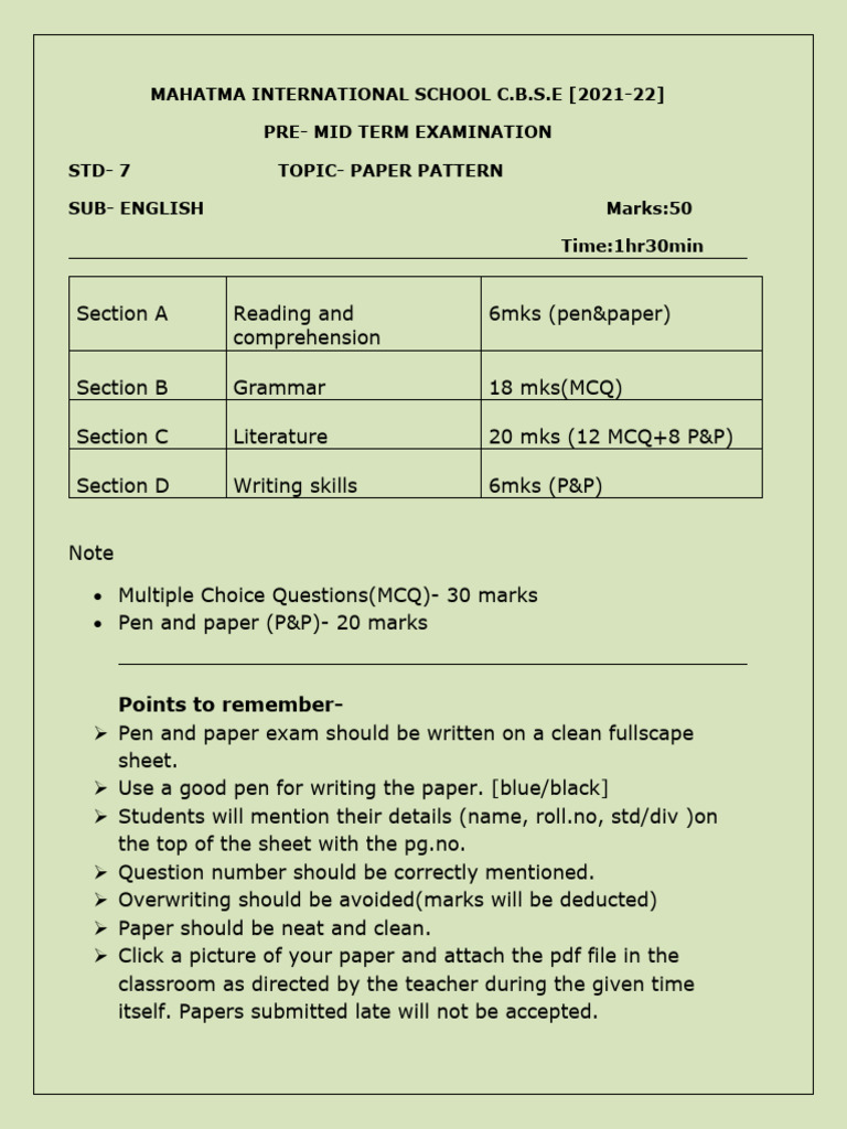 Std7 Pre Mid Pattern New | PDF