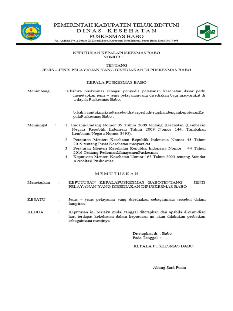 Jenis Pelayanan Puskesmas Babo | PDF