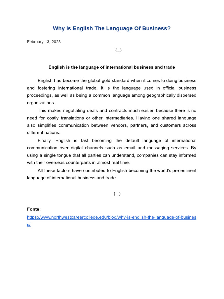 English and Business + Avaliação Bimestral | PDF | English Language ...