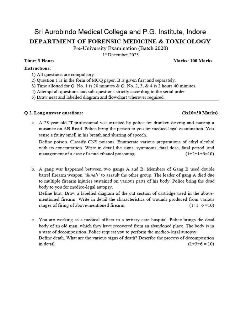 Pre university theory 2020 batch pdf alcohol intoxication autopsy