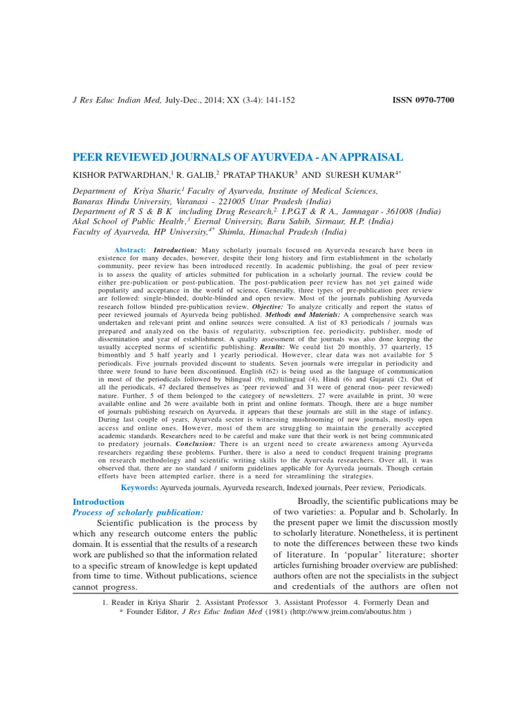Peer Reviewed Journals of Ayurveda An Appraisal Abstract PDF