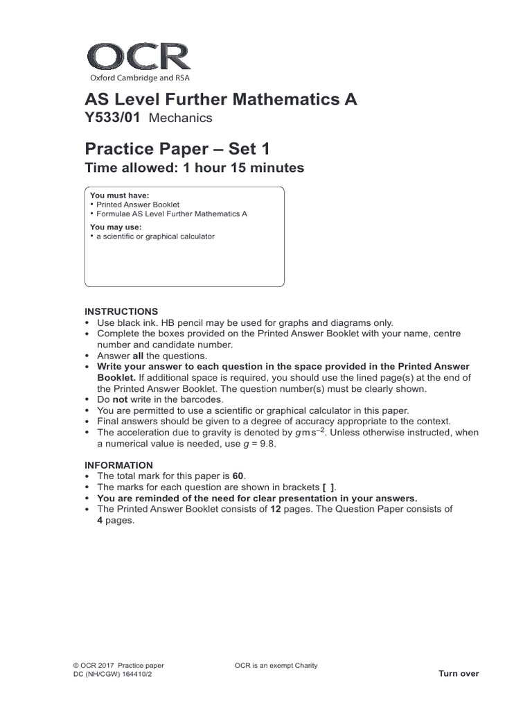 OCR Further Mathematics Mechanics PP1 QP | PDF | Collision | Force